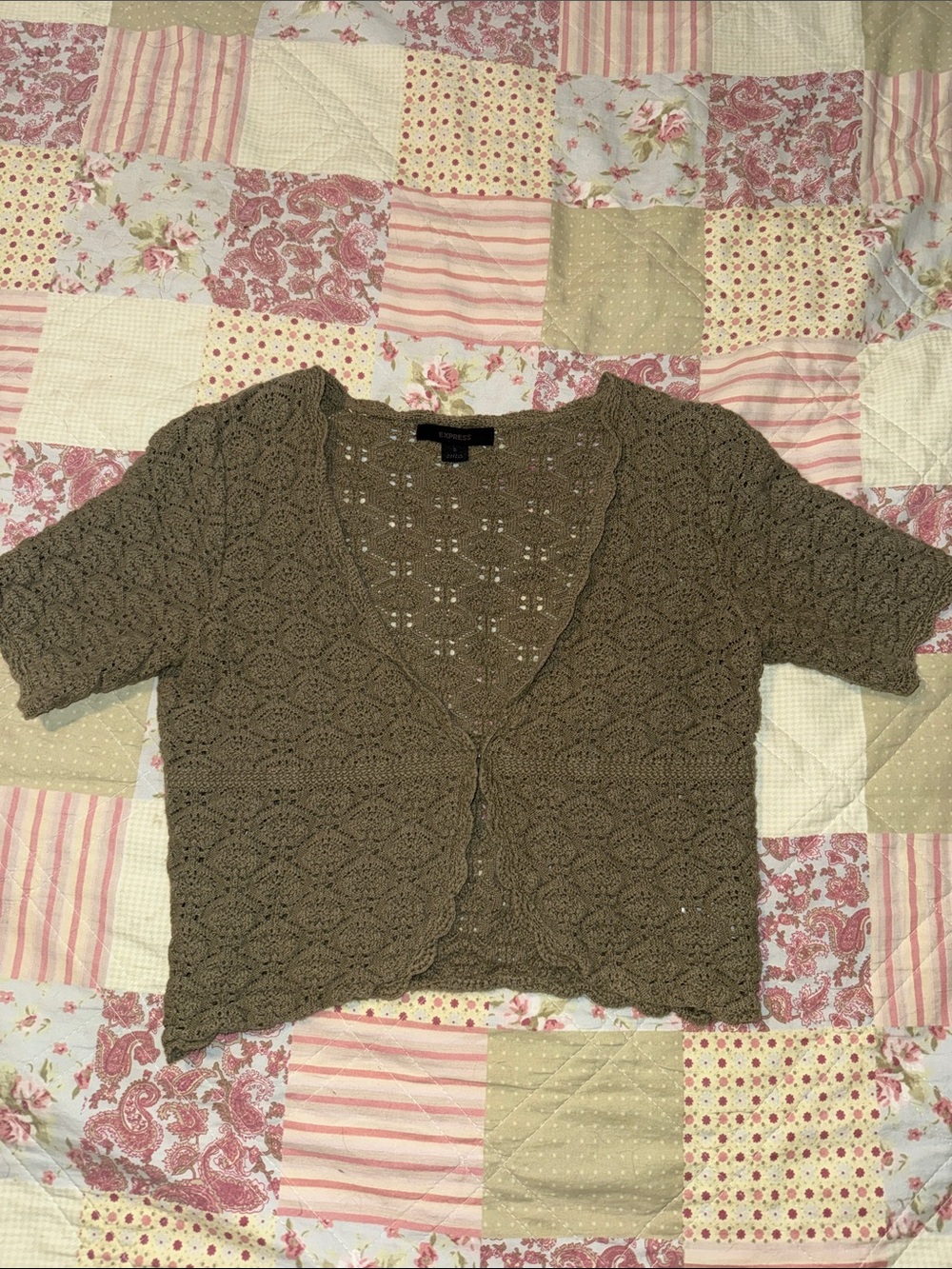 Express Olive Green Crochet Open-Front Bolero